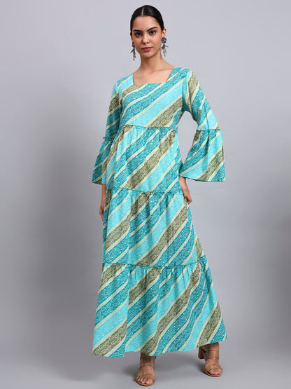 Women Printed Cotton Jalabiya with Bell Sleeves & Square Neckline-AL4050 Seagreen