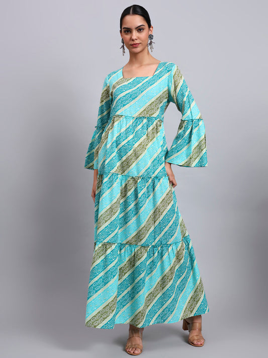 Women Printed Cotton Jalabiya with Bell Sleeves & Square Neckline-AL4050 Seagreen