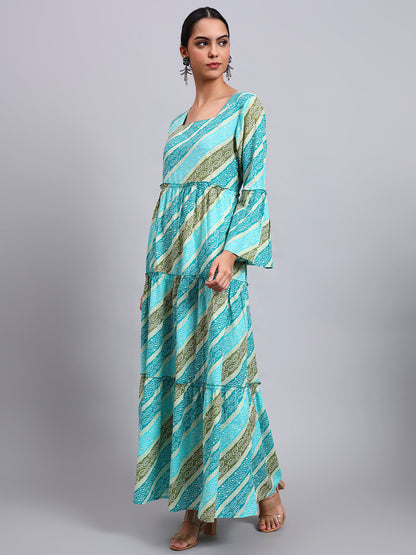 Women Printed Cotton Jalabiya with Bell Sleeves & Square Neckline-AL4050 Seagreen