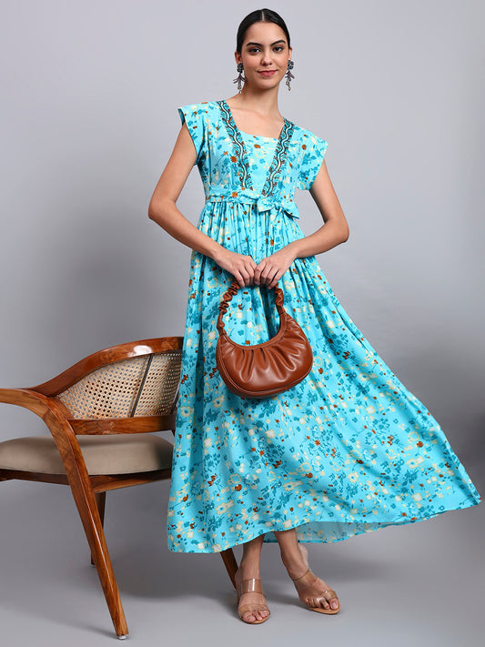 Women Floral Printed Cotton Jalabiya with Cap Sleeves & Square Neckline-AL4010 Turquoise