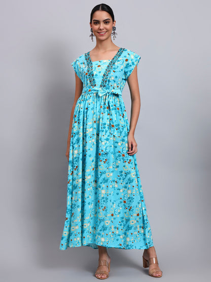 Women Floral Printed Cotton Jalabiya with Cap Sleeves & Square Neckline-AL4010 Turquoise