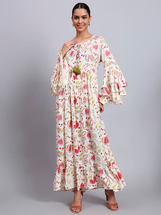 Women Floral Printed Rayon Jalabiya with Lace-Up Neckline-AL4006 Red