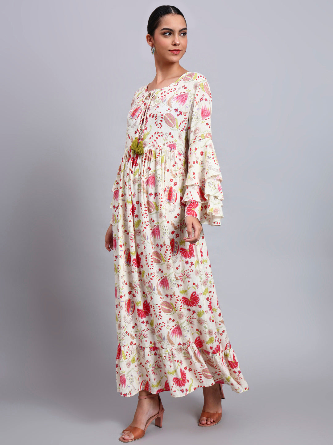 Women Floral Printed Rayon Jalabiya with Lace-Up Neckline-AL4006 Red