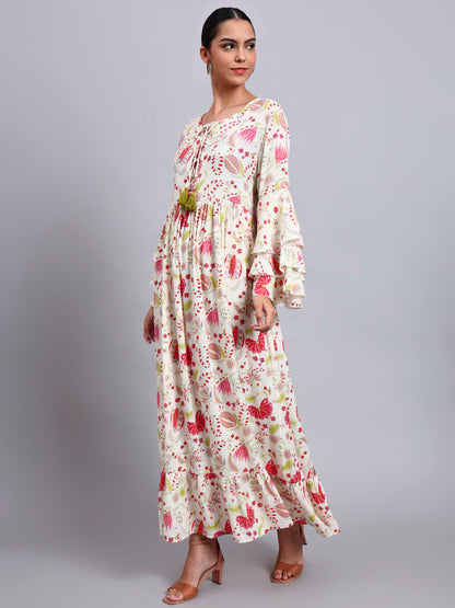 Women Floral Printed Rayon Jalabiya with Lace-Up Neckline-AL4006 Red