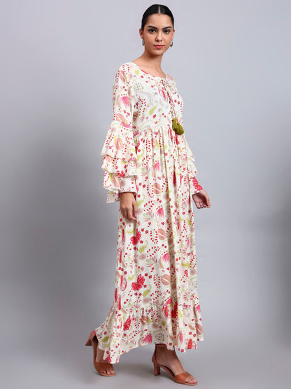 Women Floral Printed Rayon Jalabiya with Lace-Up Neckline-AL4006 Red