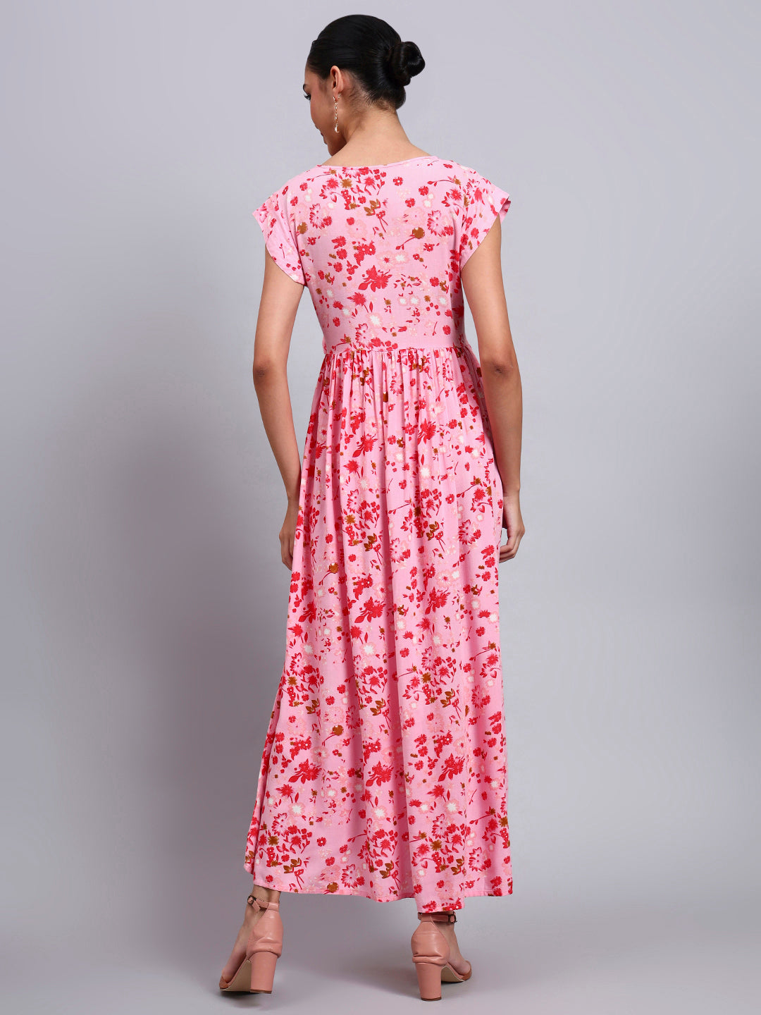 Women Floral Printed Cotton Jalabiya with Cap Sleeves & Square Neckline-AL4010 Pink