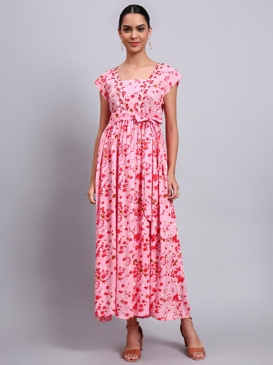 Women Floral Printed Cotton Jalabiya with Cap Sleeves & Square Neckline-AL4010 Pink
