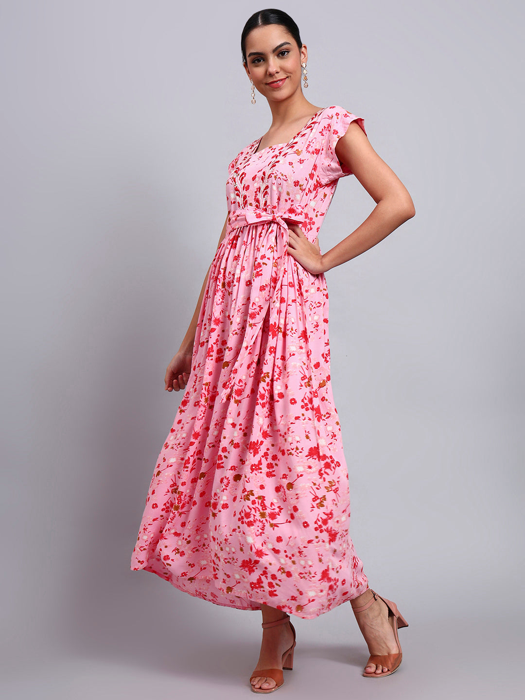 Women Floral Printed Cotton Jalabiya with Cap Sleeves & Square Neckline-AL4010 Pink