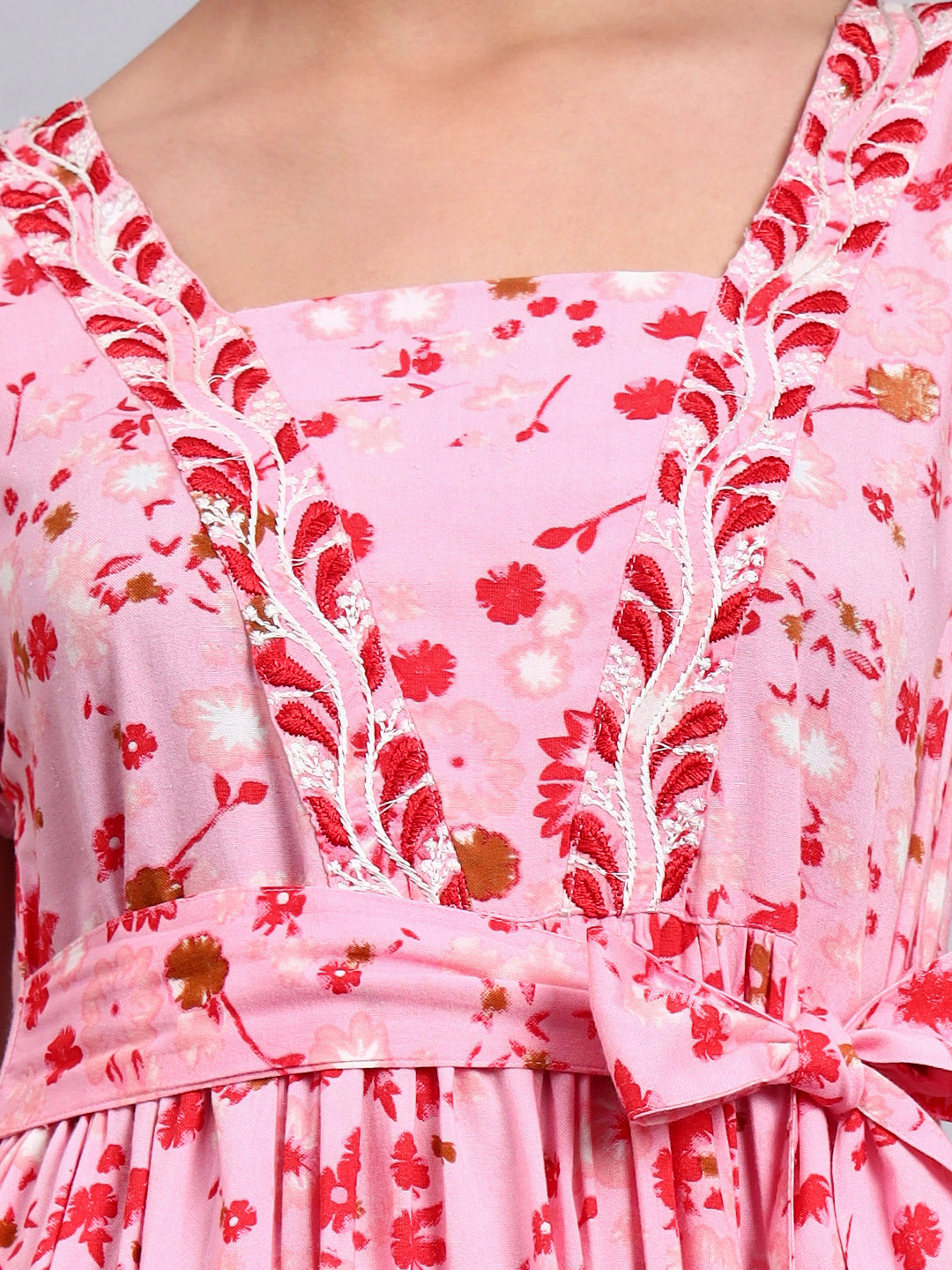 Women Floral Printed Cotton Jalabiya with Cap Sleeves & Square Neckline-AL4010 Pink