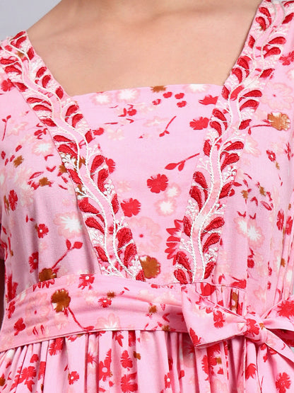 Women Floral Printed Cotton Jalabiya with Cap Sleeves & Square Neckline-AL4010 Pink