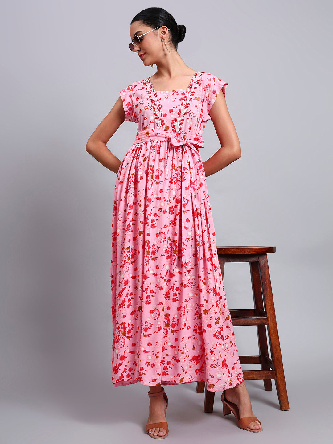 Women Floral Printed Cotton Jalabiya with Cap Sleeves & Square Neckline-AL4010 Pink