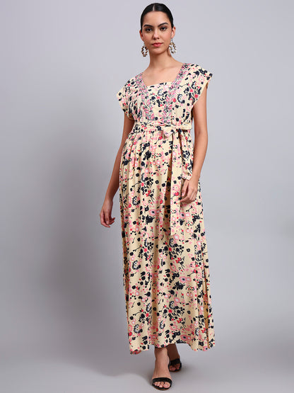 Women Floral Printed Cotton Jalabiya with Cap Sleeves & Square Neckline-AL4010 Beige