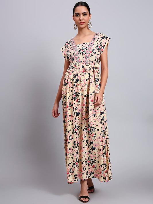 Women Floral Printed Cotton Jalabiya with Cap Sleeves & Square Neckline-AL4010 Beige