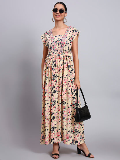 Women Floral Printed Cotton Jalabiya with Cap Sleeves & Square Neckline-AL4010 Beige