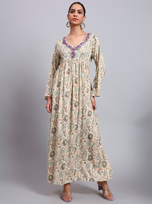 Women's Printed Rayon Jalabiya with Embroidered Neck-AL4067 Mauve