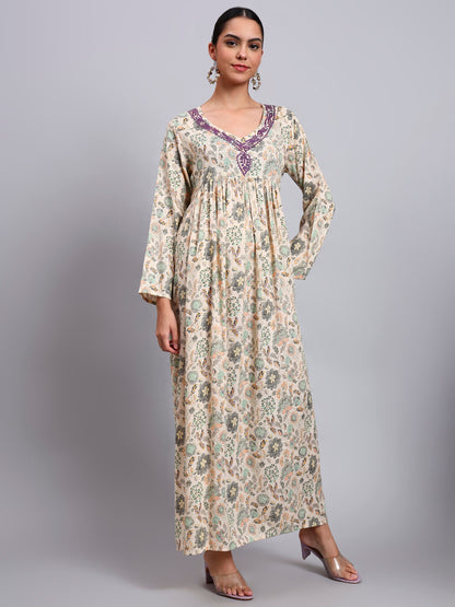 Women's Printed Rayon Jalabiya with Embroidered Neck-AL4067 Mauve