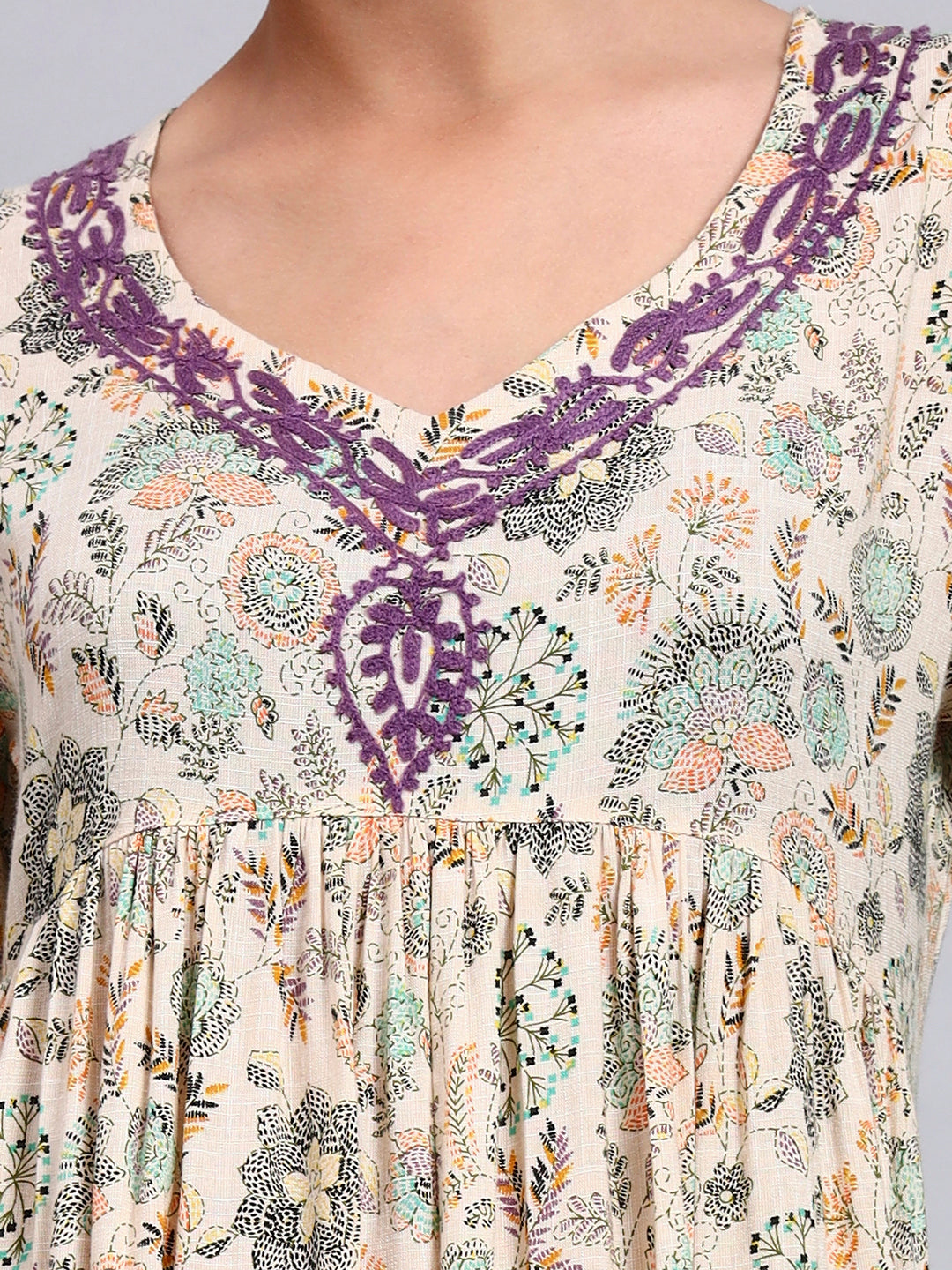 Women's Printed Rayon Jalabiya with Embroidered Neck-AL4067 Mauve