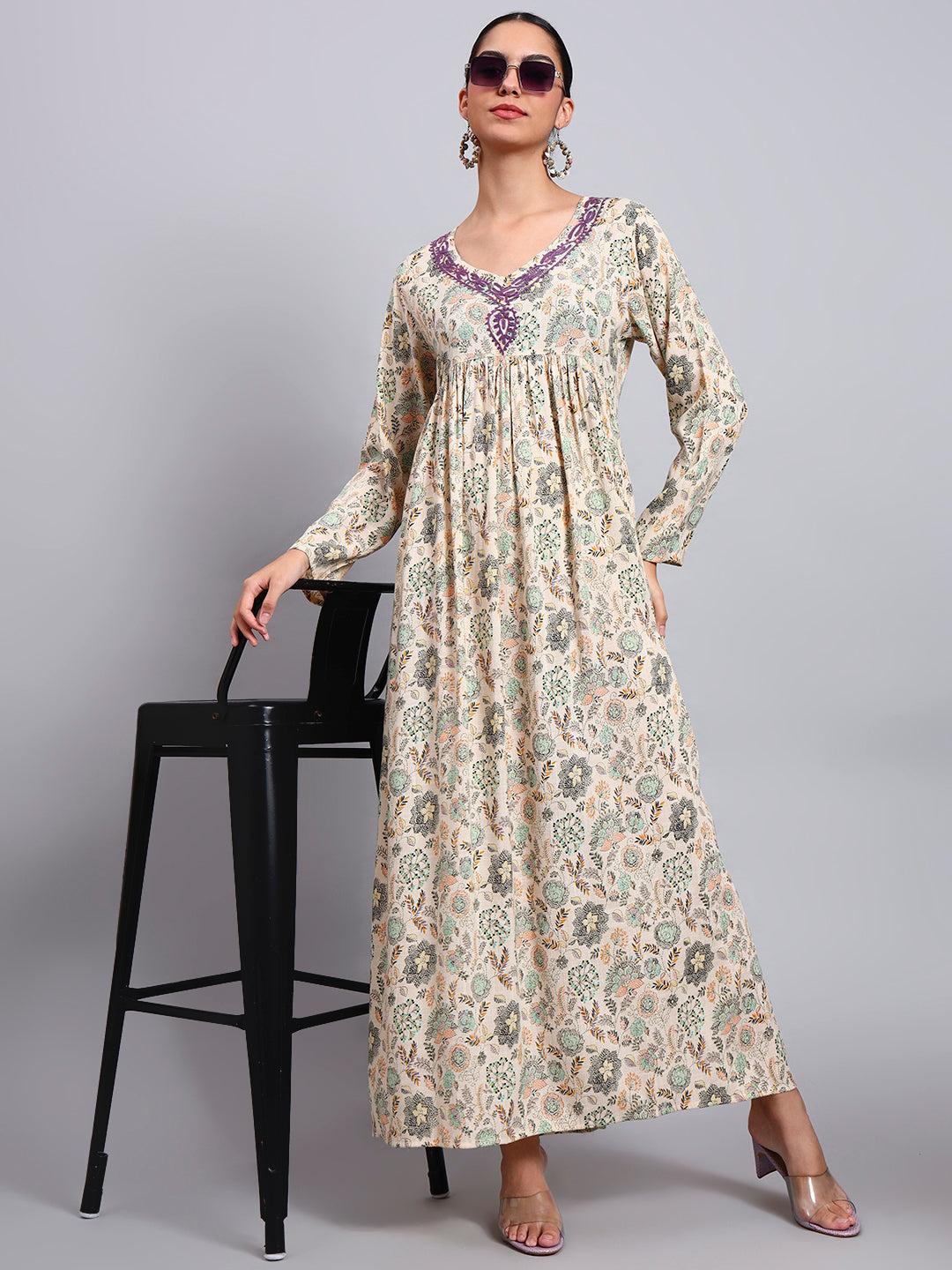 Women's Printed Rayon Jalabiya with Embroidered Neck-AL4067 Mauve