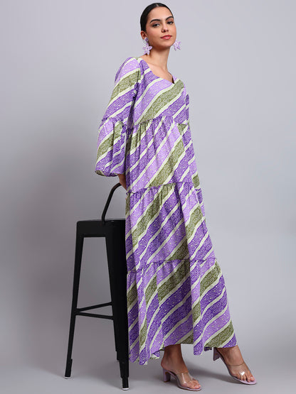 Women Printed Cotton Jalabiya with Bell Sleeves & Square Neckline-AL4050 Mauve