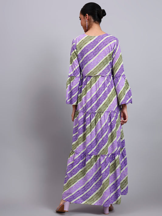 Women Printed Cotton Jalabiya with Bell Sleeves & Square Neckline-AL4050 Mauve