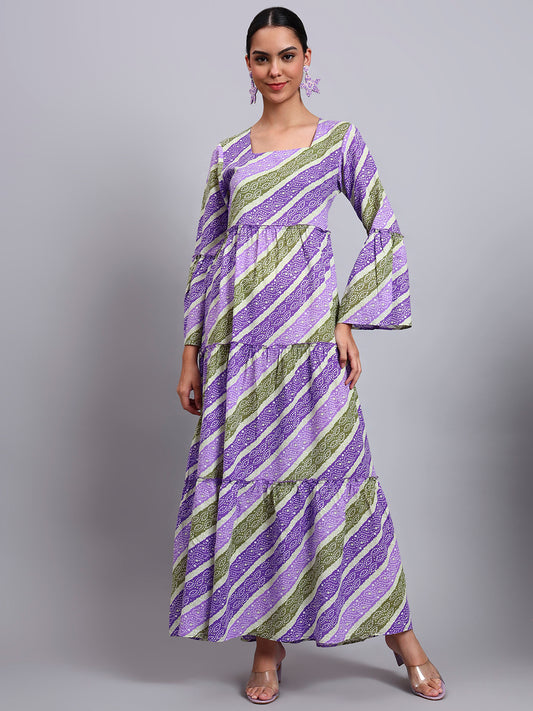 Women Printed Cotton Jalabiya with Bell Sleeves & Square Neckline-AL4050 Mauve