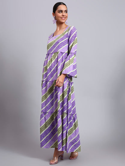 Women Printed Cotton Jalabiya with Bell Sleeves & Square Neckline-AL4050 Mauve
