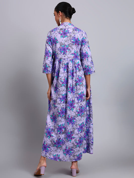 Women Floral Printed Cotton Jalabiya with Mandarin Collar & Three-Quarter Sleeves-AL4009 Purple