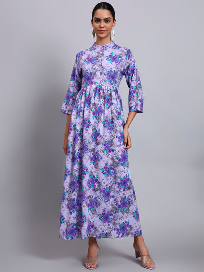 Women Floral Printed Cotton Jalabiya with Mandarin Collar & Three-Quarter Sleeves-AL4009 Purple