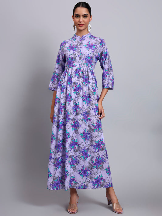 Women Floral Printed Cotton Jalabiya with Mandarin Collar & Three-Quarter Sleeves-AL4009 Purple