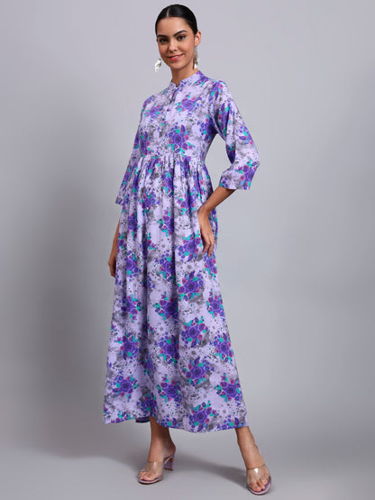 Women Floral Printed Cotton Jalabiya with Mandarin Collar & Three-Quarter Sleeves-AL4009 Purple