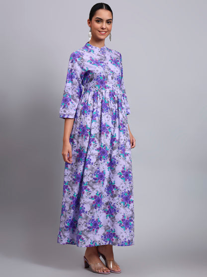 Women Floral Printed Cotton Jalabiya with Mandarin Collar & Three-Quarter Sleeves-AL4009 Purple