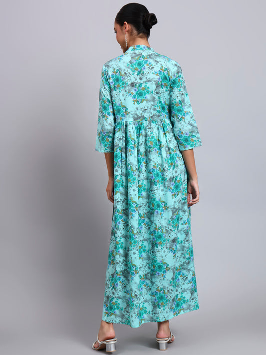 Women Floral Printed Cotton Jalabiya with Mandarin Collar & Three-Quarter Sleeves-AL4009 Seagreen