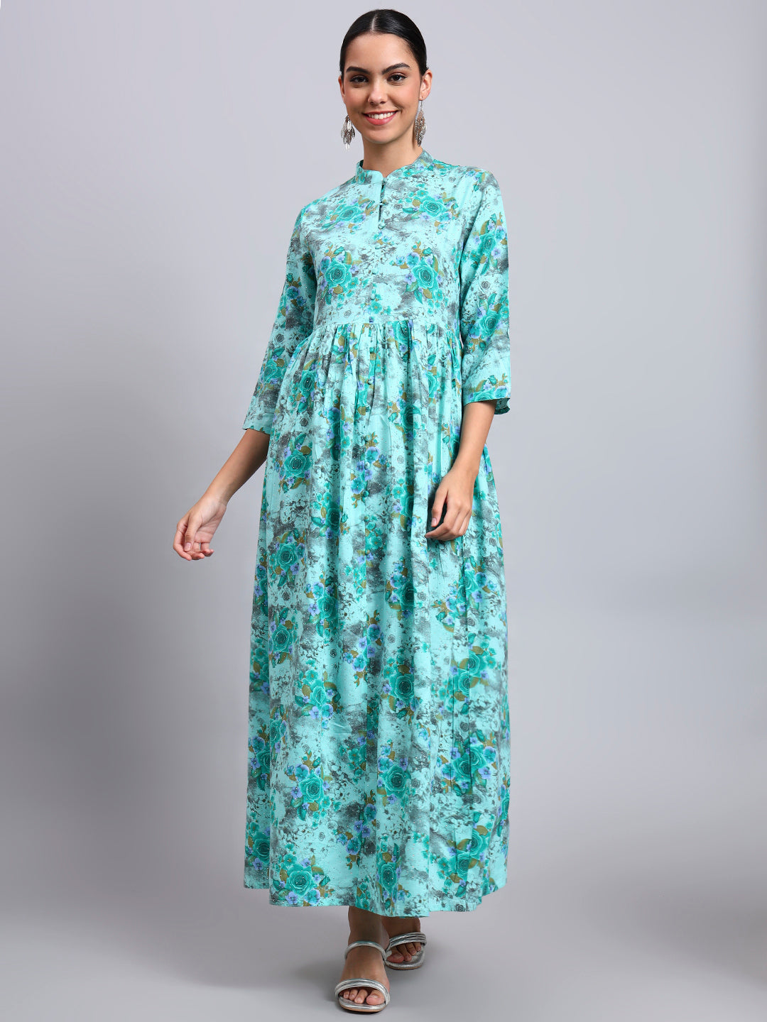 Women Floral Printed Cotton Jalabiya with Mandarin Collar & Three-Quarter Sleeves-AL4009 Seagreen