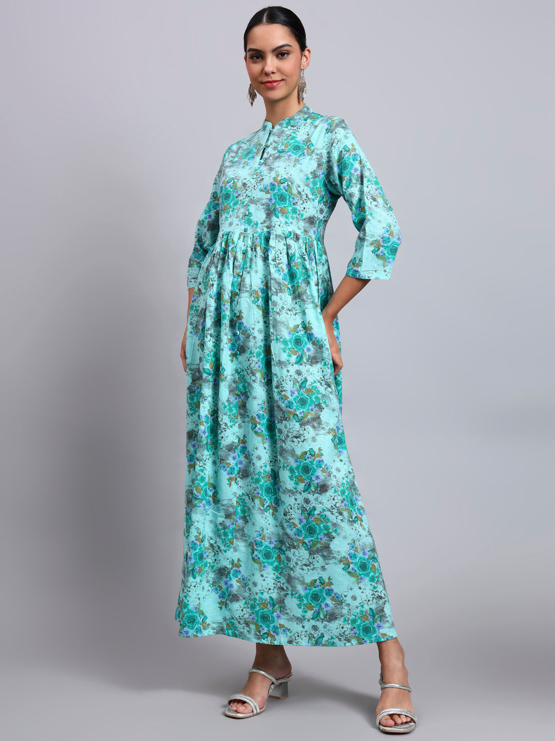 Women Floral Printed Cotton Jalabiya with Mandarin Collar & Three-Quarter Sleeves-AL4009 Seagreen