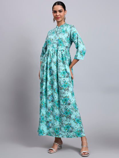 Women Floral Printed Cotton Jalabiya with Mandarin Collar & Three-Quarter Sleeves-AL4009 Seagreen