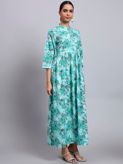 Women Floral Printed Cotton Jalabiya with Mandarin Collar & Three-Quarter Sleeves-AL4009 Seagreen