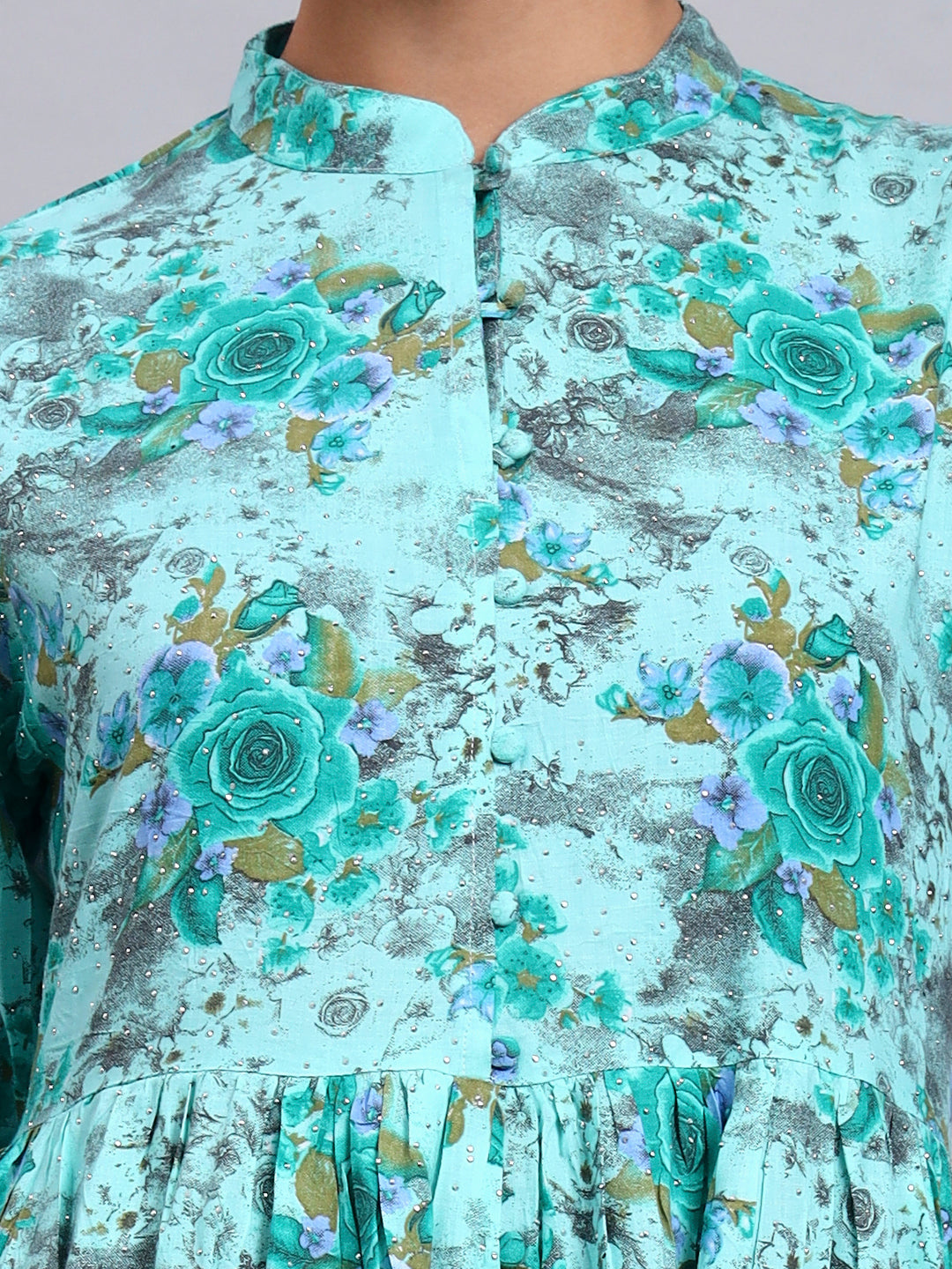 Women Floral Printed Cotton Jalabiya with Mandarin Collar & Three-Quarter Sleeves-AL4009 Seagreen