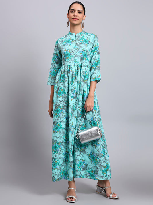 Women Floral Printed Cotton Jalabiya with Mandarin Collar & Three-Quarter Sleeves-AL4009 Seagreen