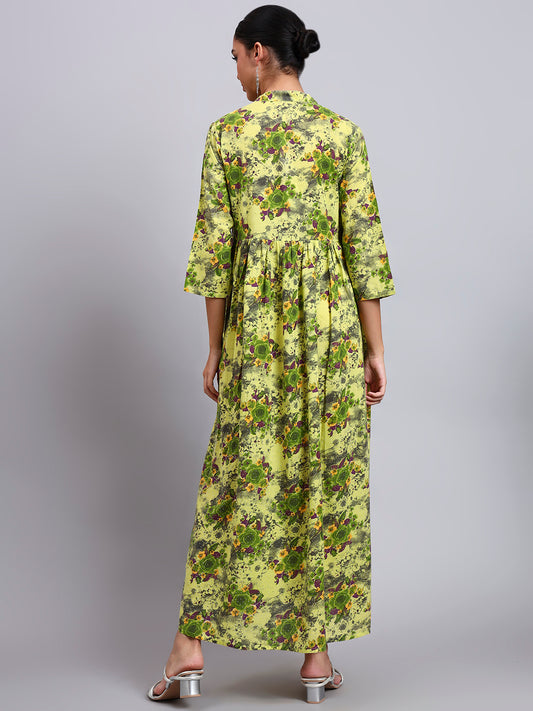 Women Floral Printed Cotton Jalabiya with Mandarin Collar & Three-Quarter Sleeves-AL4009 Parrotgreen