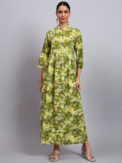 Women Floral Printed Cotton Jalabiya with Mandarin Collar & Three-Quarter Sleeves-AL4009 Parrotgreen