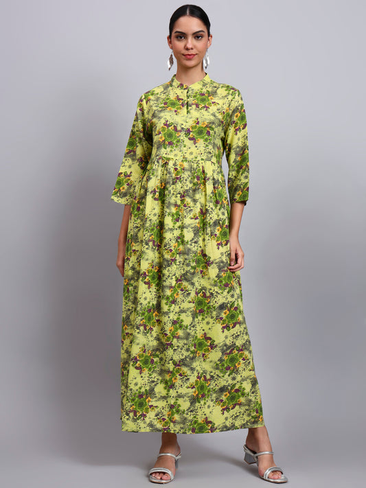 Women Floral Printed Cotton Jalabiya with Mandarin Collar & Three-Quarter Sleeves-AL4009 Parrotgreen