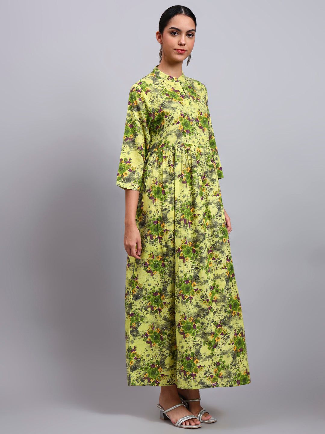 Women Floral Printed Cotton Jalabiya with Mandarin Collar & Three-Quarter Sleeves-AL4009 Parrotgreen