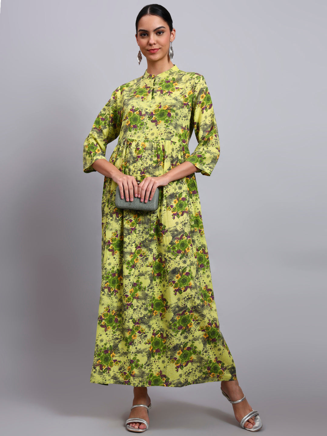 Women Floral Printed Cotton Jalabiya with Mandarin Collar & Three-Quarter Sleeves-AL4009 Parrotgreen