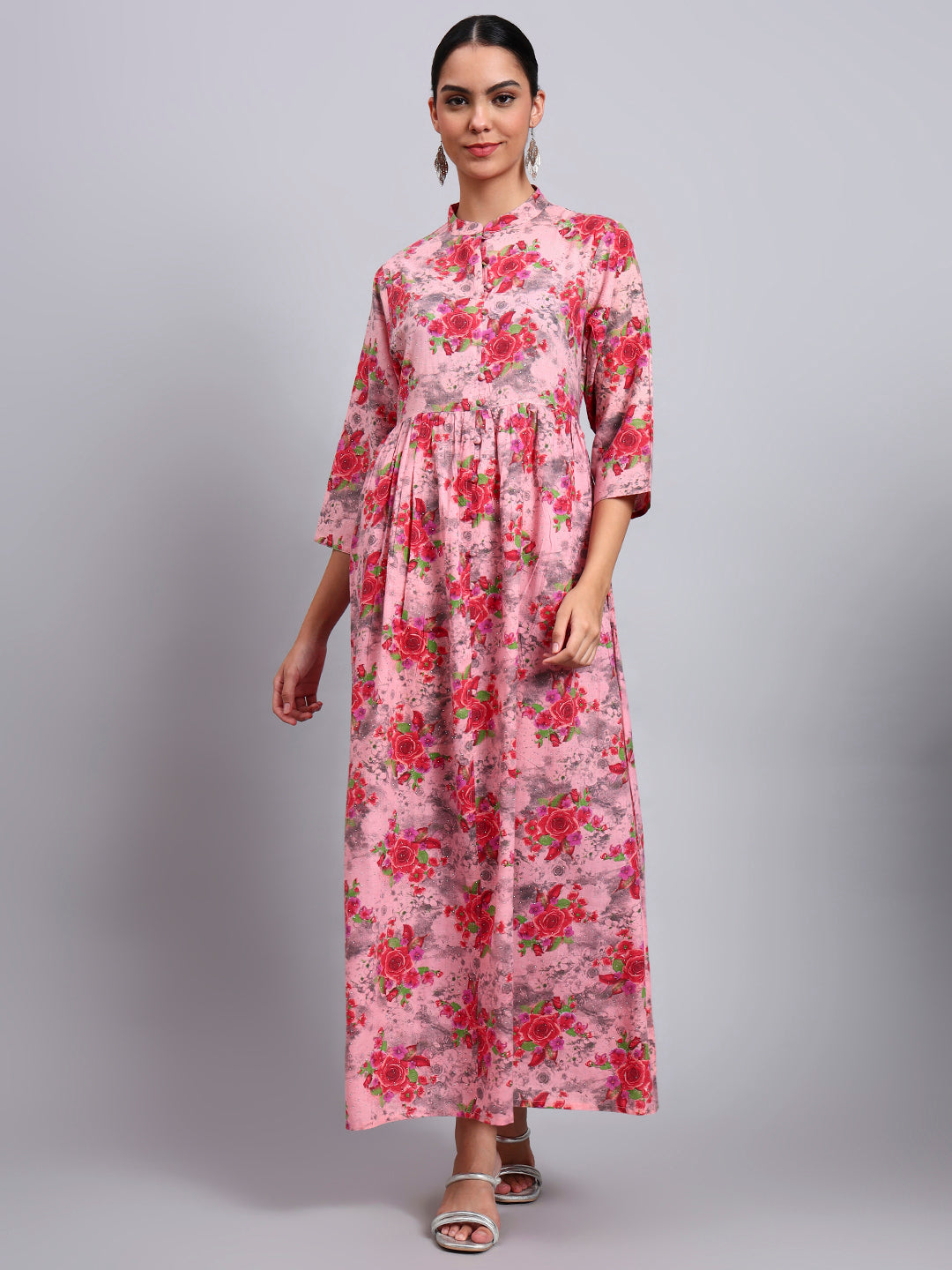 Women Floral Printed Cotton Jalabiya with Mandarin Collar & Three-Quarter Sleeves-AL4009 Coral