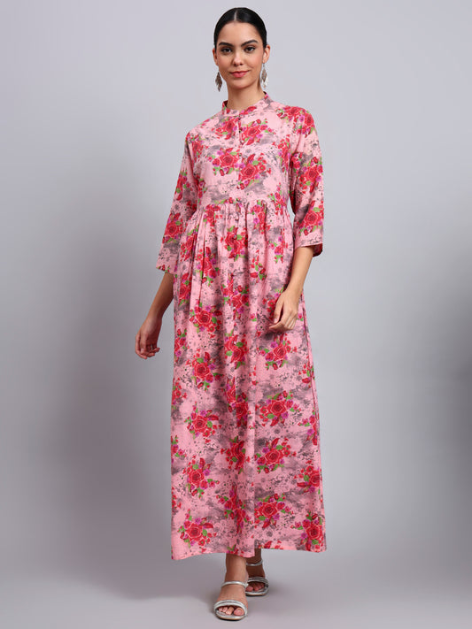 Women Floral Printed Cotton Jalabiya with Mandarin Collar & Three-Quarter Sleeves-AL4009 Coral