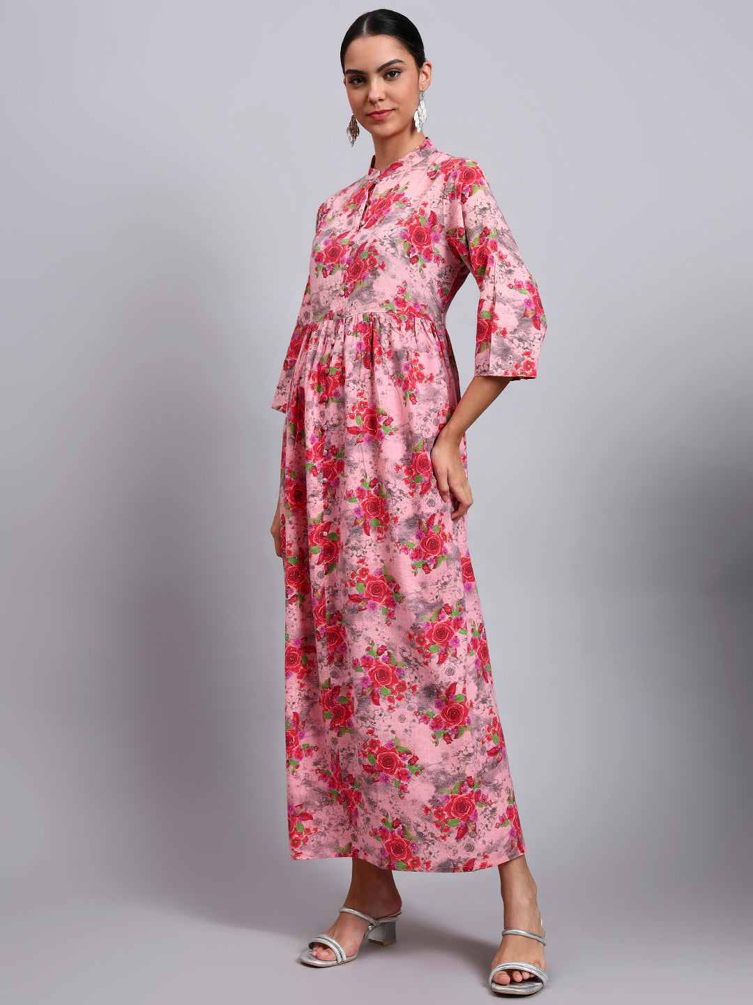 Women Floral Printed Cotton Jalabiya with Mandarin Collar & Three-Quarter Sleeves-AL4009 Coral