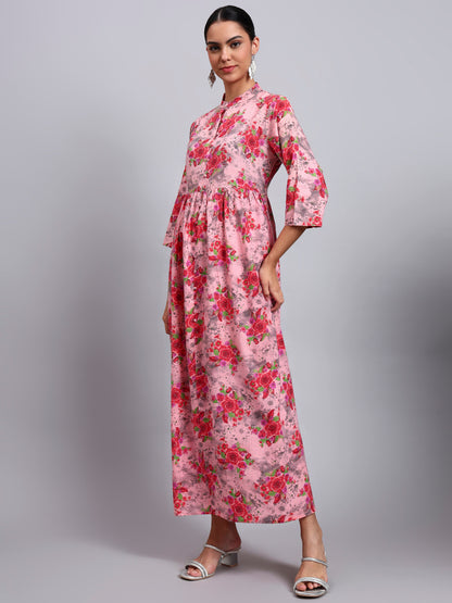 Women Floral Printed Cotton Jalabiya with Mandarin Collar & Three-Quarter Sleeves-AL4009 Coral