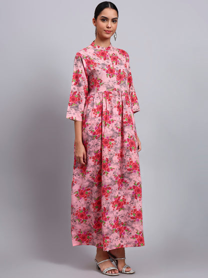 Women Floral Printed Cotton Jalabiya with Mandarin Collar & Three-Quarter Sleeves-AL4009 Coral