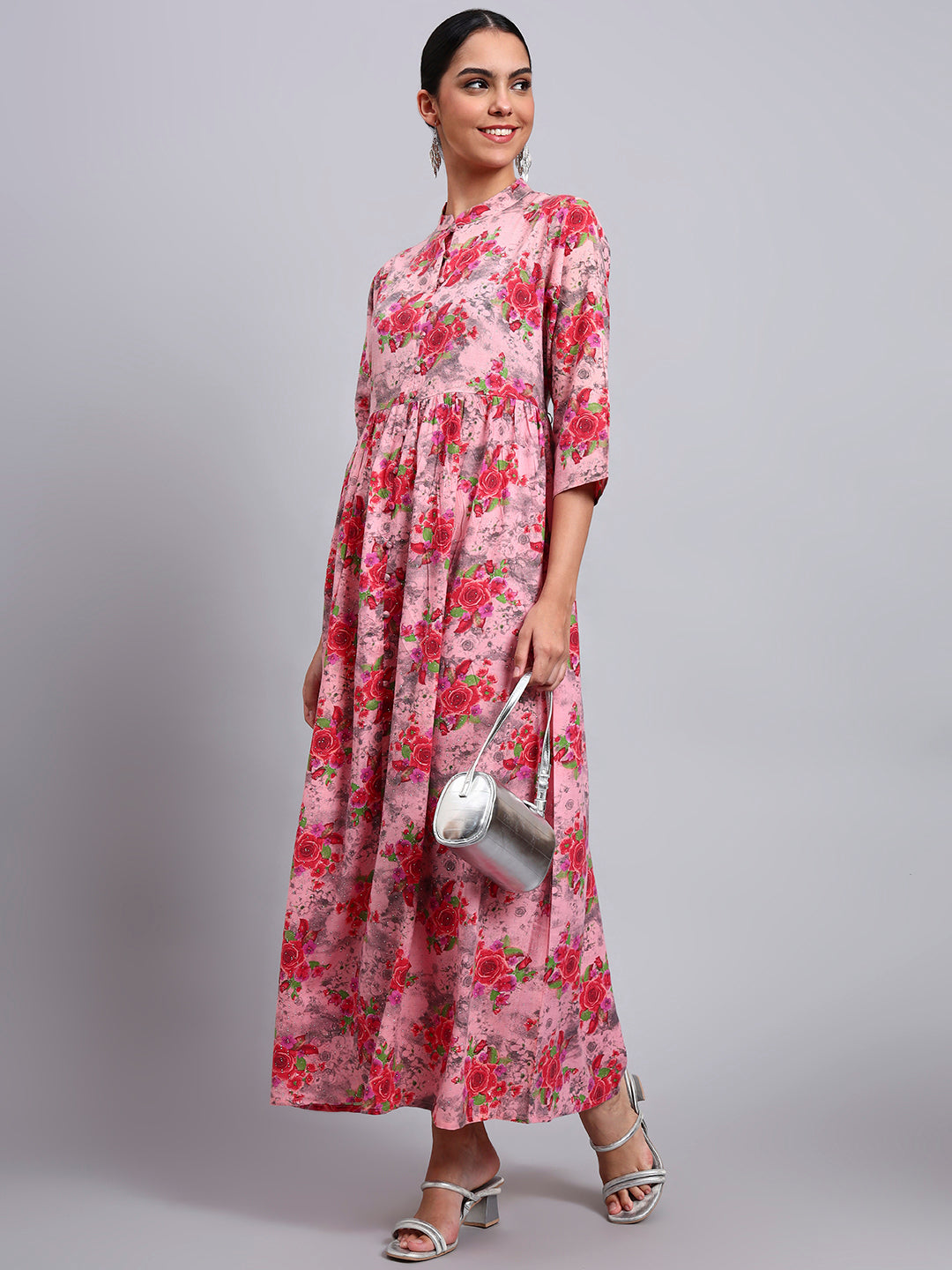 Women Floral Printed Cotton Jalabiya with Mandarin Collar & Three-Quarter Sleeves-AL4009 Coral