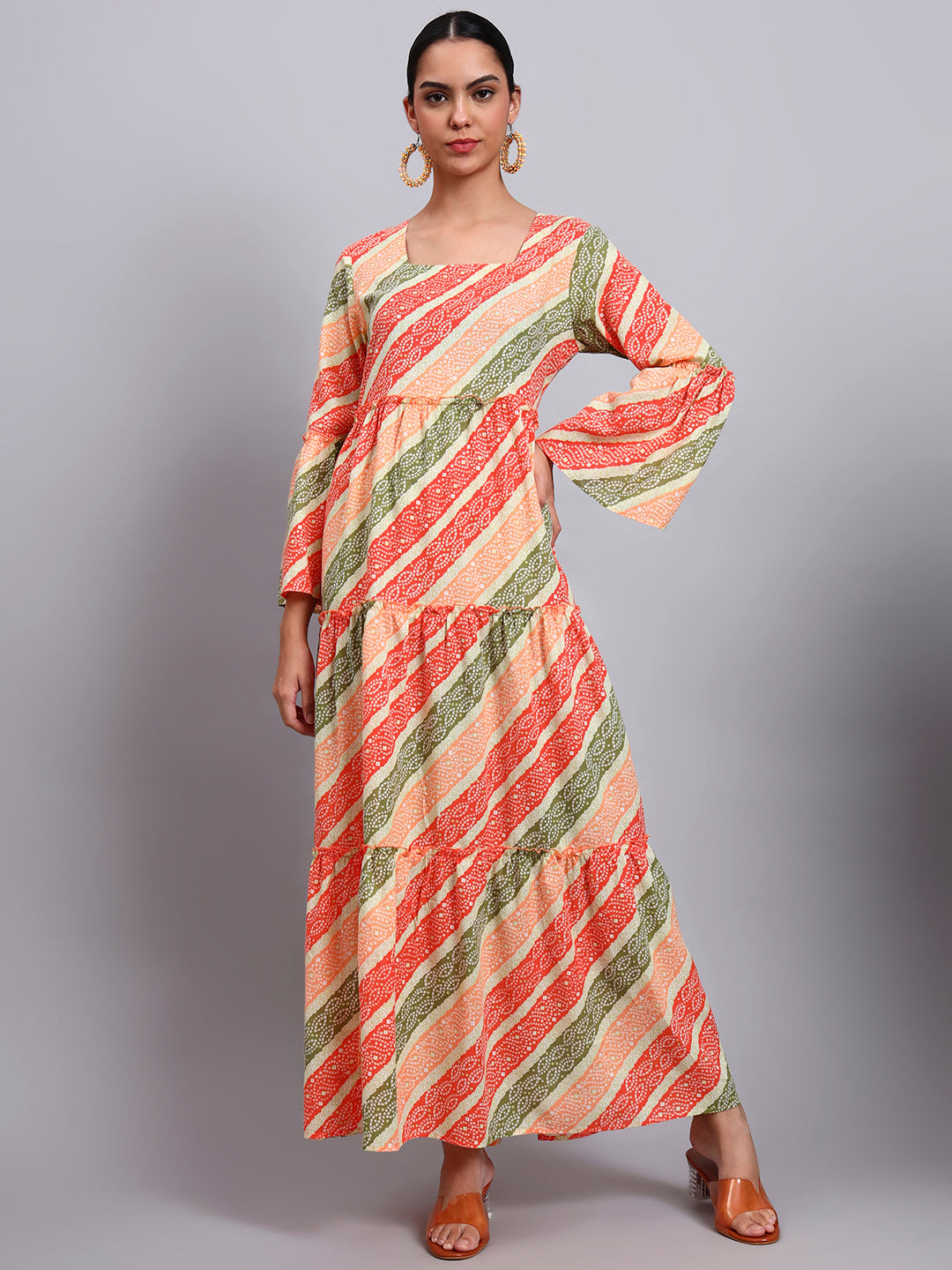 Women Printed Cotton Jalabiya with Bell Sleeves & Square Neckline-AL4050 Orange